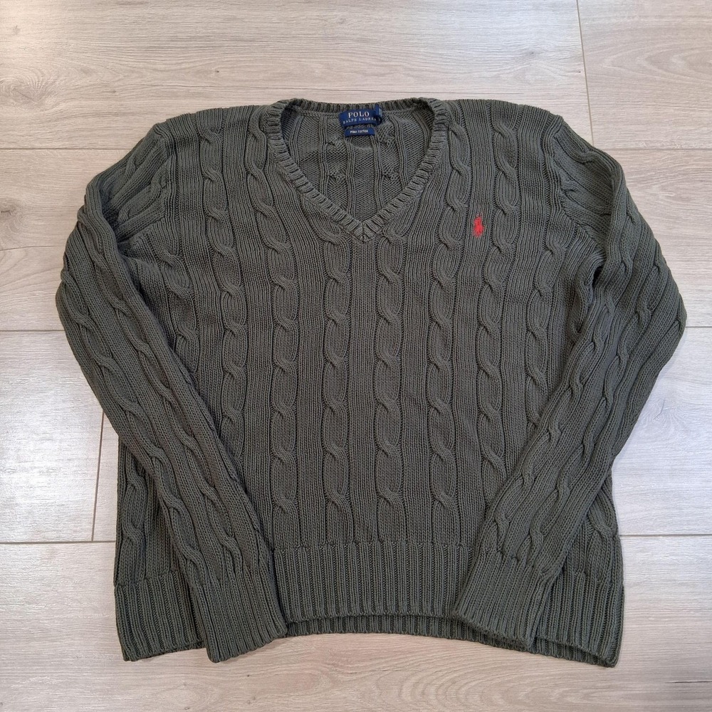 Polo by Ralph Lauren Olive Green Cable Knit V-Neck Sweater with Red Pony